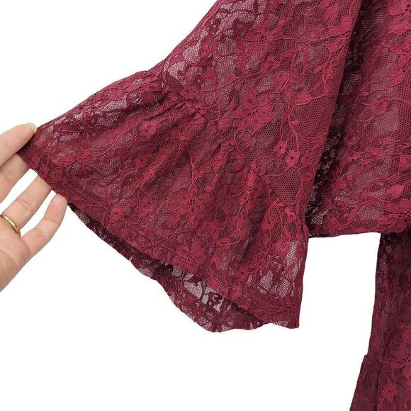 Time and Tru Lace Cardigan Maroon Wine L-XL Peplum Ruffle Bell 3/4 Sleeve Tunic - Picture 6 of 12